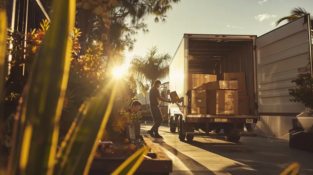 a bustling san diego moving company scene showcases a team of professional movers expertly packing and loading items into a sleek truck under the warm glow of the afternoon sun, emphasizing reliability and care in the moving process.