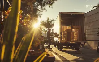 a bustling san diego moving company scene showcases a team of professional movers expertly packing and loading items into a sleek truck under the warm glow of the afternoon sun, emphasizing reliability and care in the moving process.