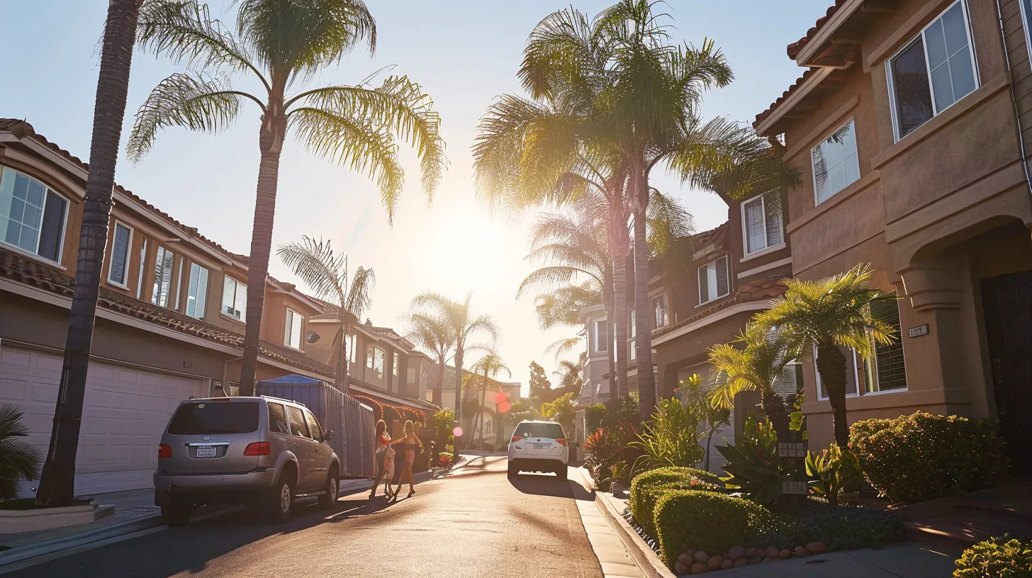 a bustling san diego neighborhood features a cheerful family unloading their belongings from a vibrant moving truck, surrounded by sunlit palm trees and charming homes, capturing the essence of a smooth and affordable relocation experience.