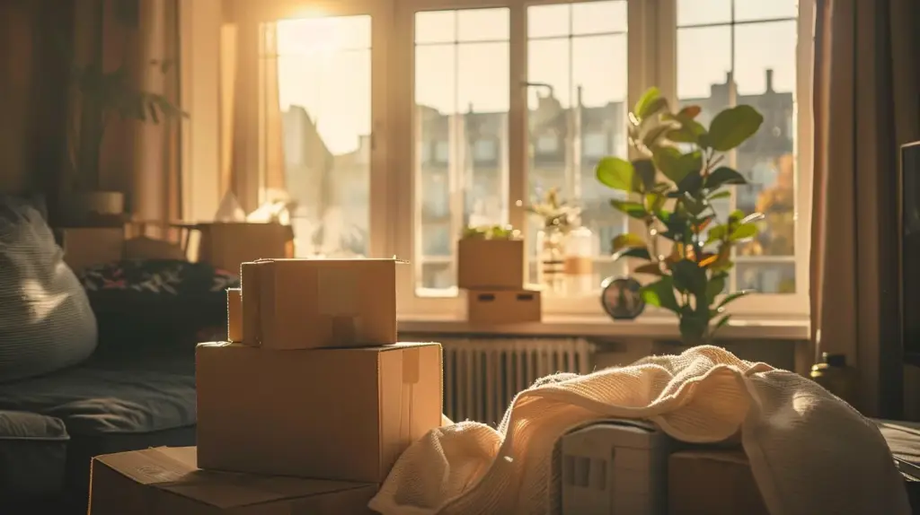 a cozy, warmly lit living room filled with neatly organized boxes, a partially unpacked vibrant plant, and a window showcasing a bustling neighborhood, symbolizing the excitement and comfort of settling into a new home.