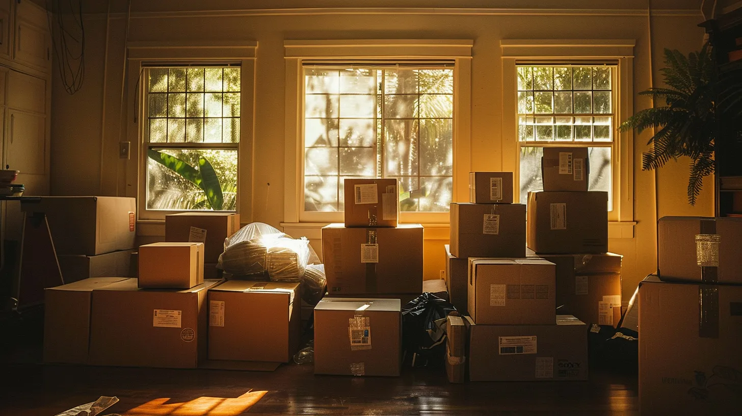 a neatly arranged array of durable packing boxes, vibrant label tags, and protective bubble wrap fills a sunlit room, symbolizing the organized chaos of preparing for a seamless move from los angeles to san diego.