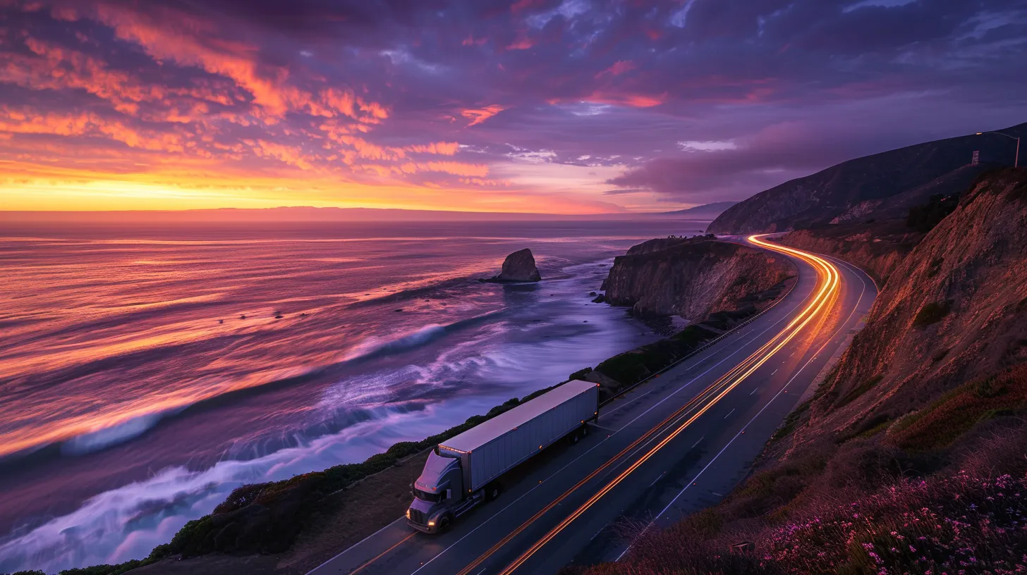 a panoramic sunset view of a moving truck on a coastal highway, symbolizing the journey from los angeles to san diego, with vibrant orange and purple hues illuminating the sky and the ocean's waves crashing below.