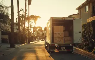 a professional moving truck stands ready in a sunny san diego neighborhood, surrounded by neatly packed boxes, symbolizing a seamless relocation experience.