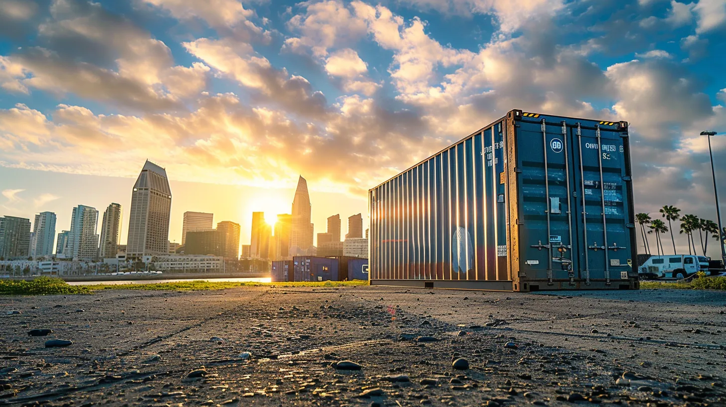 a professional, well-organized international moving scene unfolds with a sleek shipping container prominently displayed against a sunny san diego skyline, symbolizing the reliability and efficiency of cube moving and storage's services.