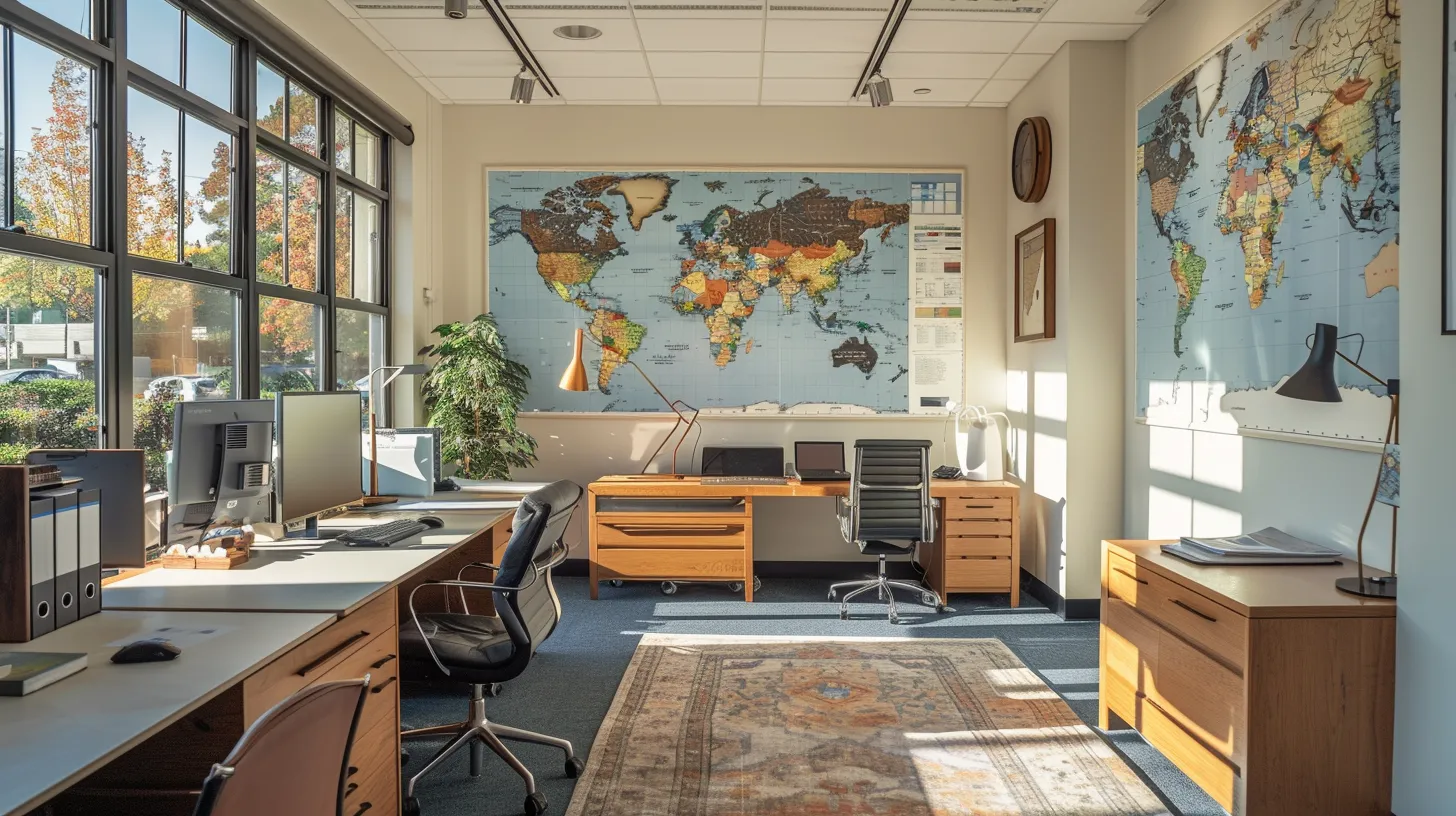 a serene and inviting international moving office setting, featuring a well-organized space with maps of various countries on the walls and a welcoming consultation area bathed in soft, natural light.