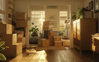 a serene, organized moving day scene unfolds, featuring neatly packed boxes labeled with care against a backdrop of a bright and inviting home, illuminated by soft morning light, symbolizing a stress-free relocation experience.