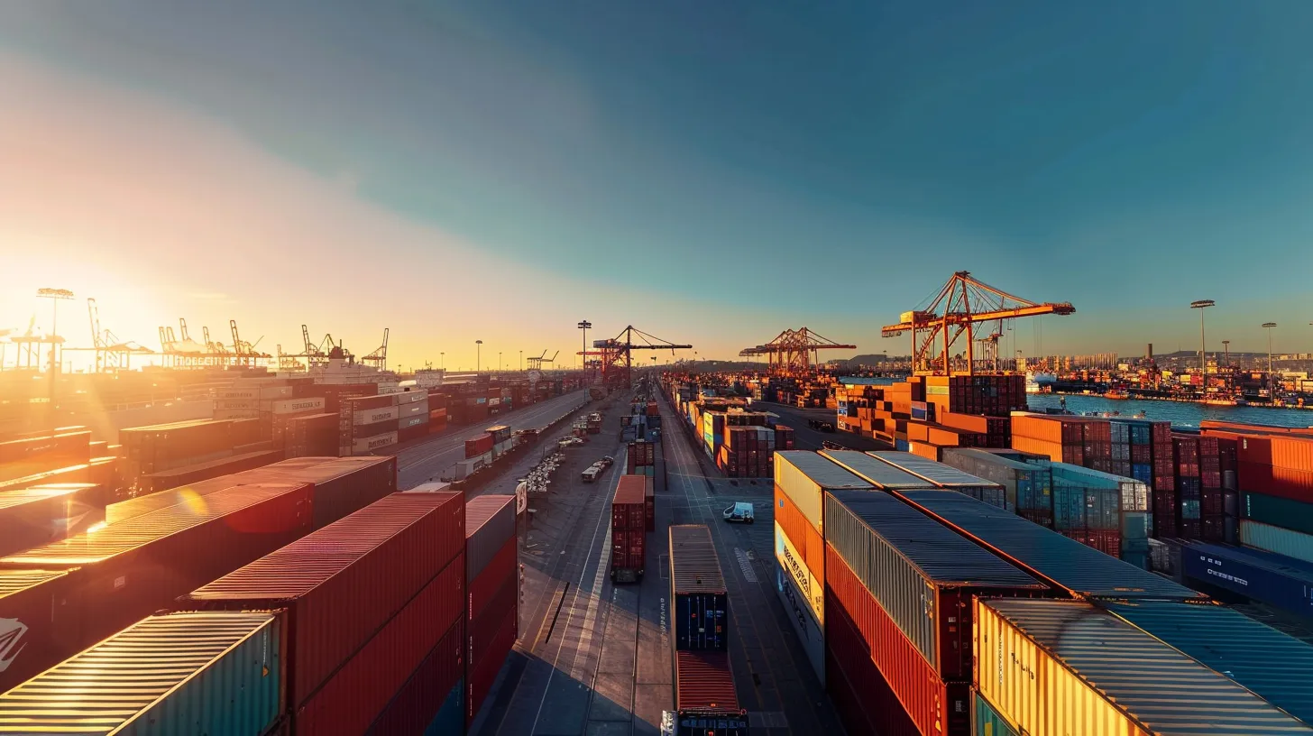 a serene panoramic view of a bustling international port, with vibrant shipping containers stacked against a clear blue sky, symbolizing the logistics and anticipation of a global move.