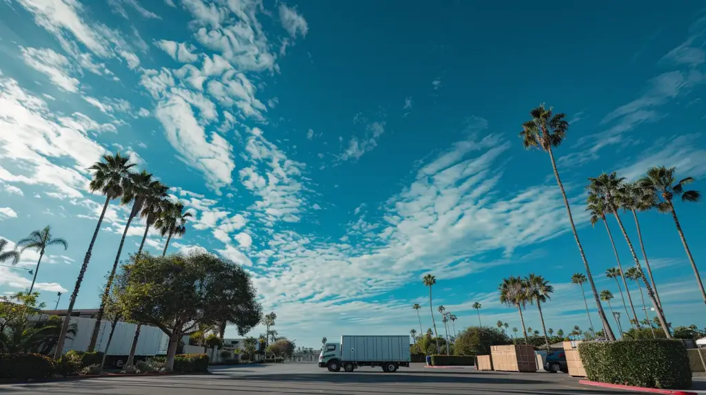 a serene san diego landscape captures the essence of a stress-free move, featuring a bright blue sky above a well-organized truck filled with moving boxes, symbolizing a smooth and efficient relocation process.