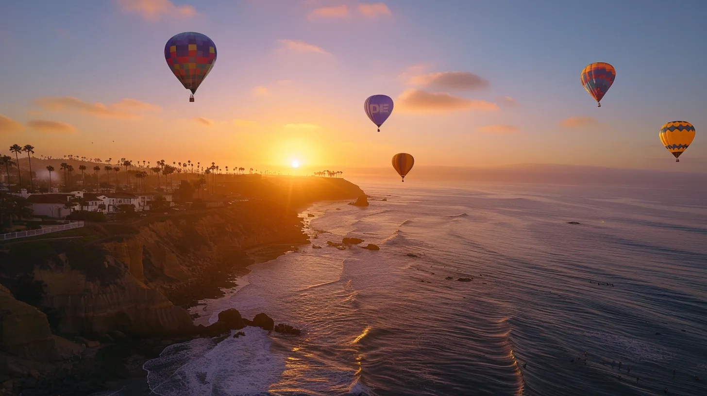 a serene sunrise over the san diego coastline, symbolizing new beginnings and the journey of international relocation, with colorful hot air balloons soaring in the clear sky.