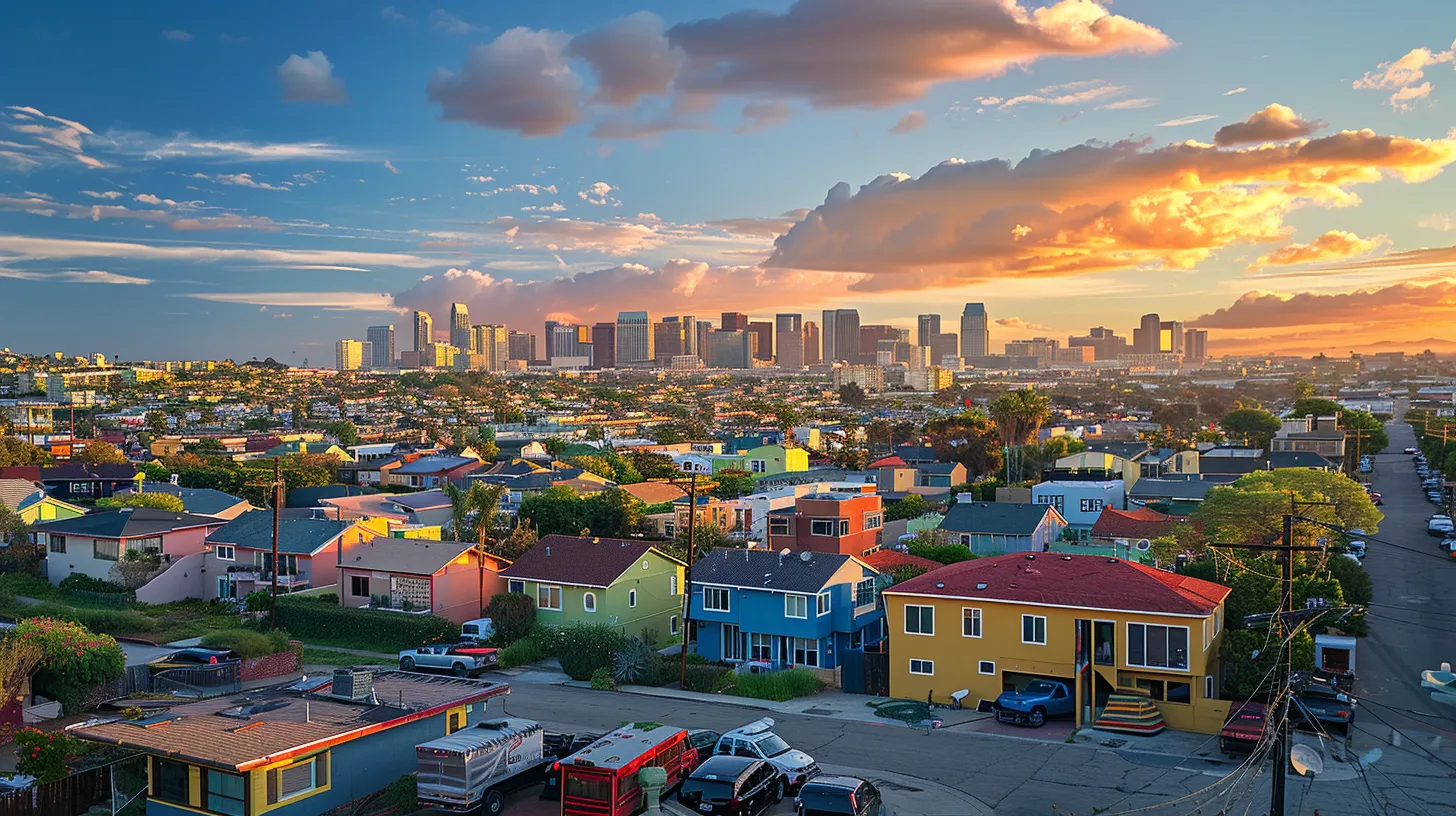 a vibrant san diego skyline at sunset, with moving trucks parked in front of colorful homes, symbolizing the excitement and challenges of relocation in a bustling city.