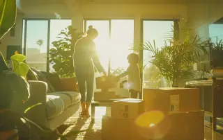 a vibrant scene capturing a family joyfully unpacking in their sunny san diego living room, with lush greenery visible through the windows, emphasizing a sense of new beginnings and adventure in a fresh, welcoming space.
