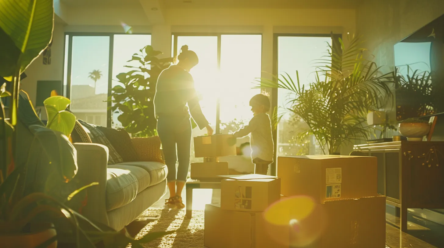 a vibrant scene capturing a family joyfully unpacking in their sunny san diego living room, with lush greenery visible through the windows, emphasizing a sense of new beginnings and adventure in a fresh, welcoming space.