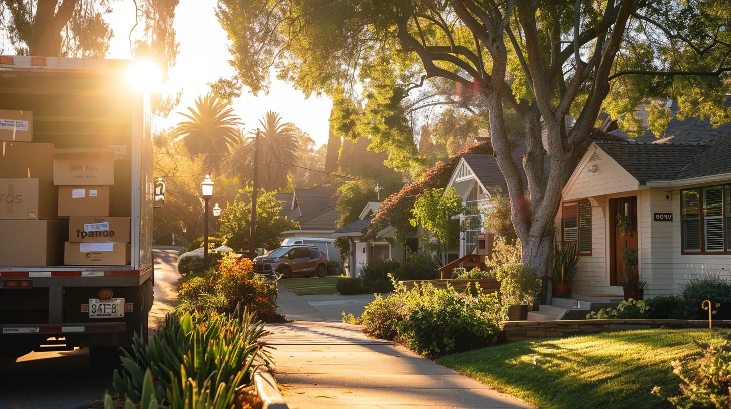 a vibrant, sunlit san diego neighborhood showcases a moving truck parked outside a charming bungalow, with packed boxes and furniture neatly stacked, symbolizing the excitement and challenges of relocation.