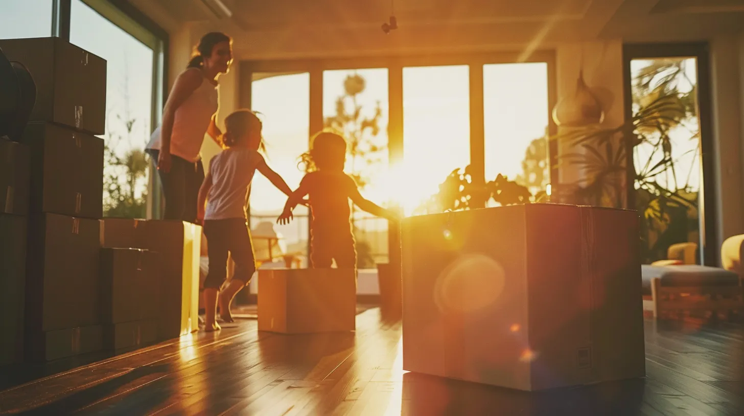 a warm, inviting scene captures a happy family joyfully unpacking in their new san diego home, surrounded by moving boxes and sunlight streaming through large windows, symbolizing the successful transition facilitated by a reliable moving company.