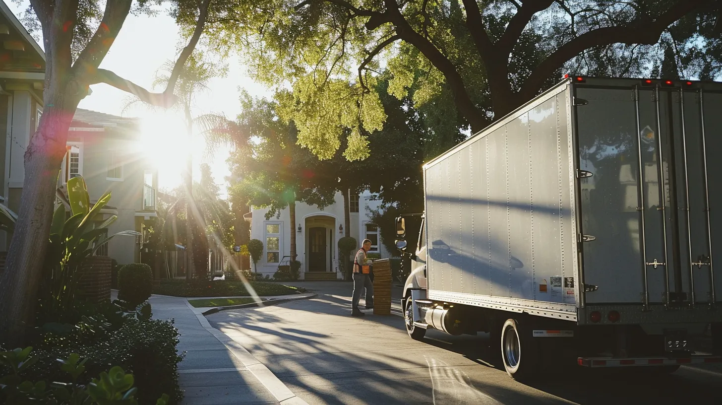 a well-organized moving truck, parked in front of a sunlit san diego home, showcases professional movers efficiently loading carefully wrapped furniture, embodying reliability and smooth transitioning in the relocation process.